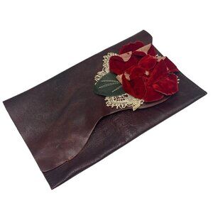 Artisan Bag by Urban Heirlooms Brown Leather Velvet Lace Red Rose Accent Clutch